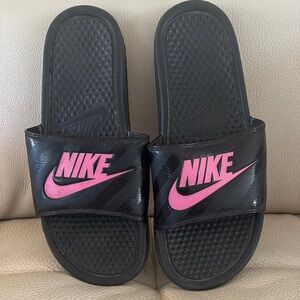 Nike Black Slides with Pink Logo